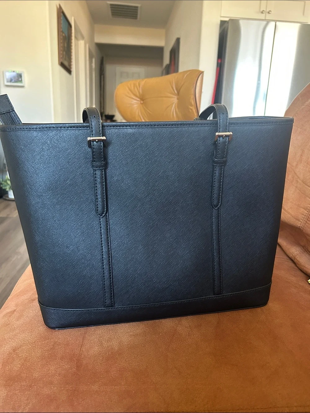 Michael Kors Black Saffiano Tote with silver MK Charm